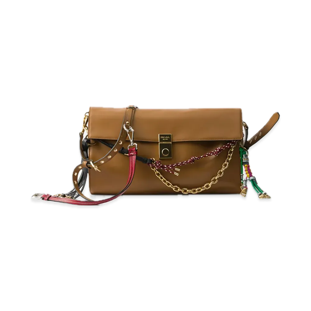 PRADA Soft Sound Large Leather Shoulder Bag with Charm "Camel"