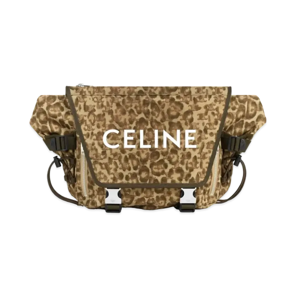 CELINE Medium Trekking Messenger In Leopard Print and Triomphe Textile with Print "Leopard/Khaki"