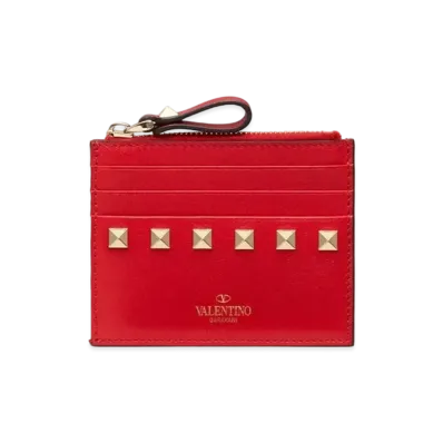 Valentino Rockstud Calfskin Cardholder With Zipper "Pure Red"