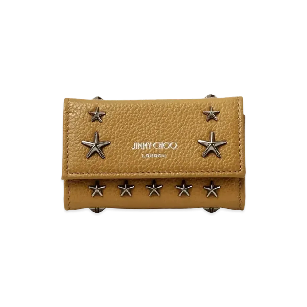 JIMMY CHOO HOWICK Soft Grainy Calf Leather Key Case With Cancer Metal Star Studs "Camel"