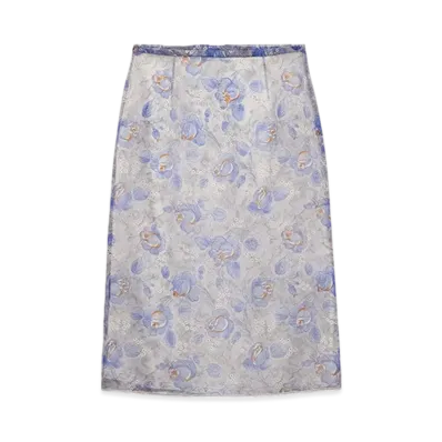 PRADA Women's Printed Nylonette Midi Skirt "Sapphire Blue"