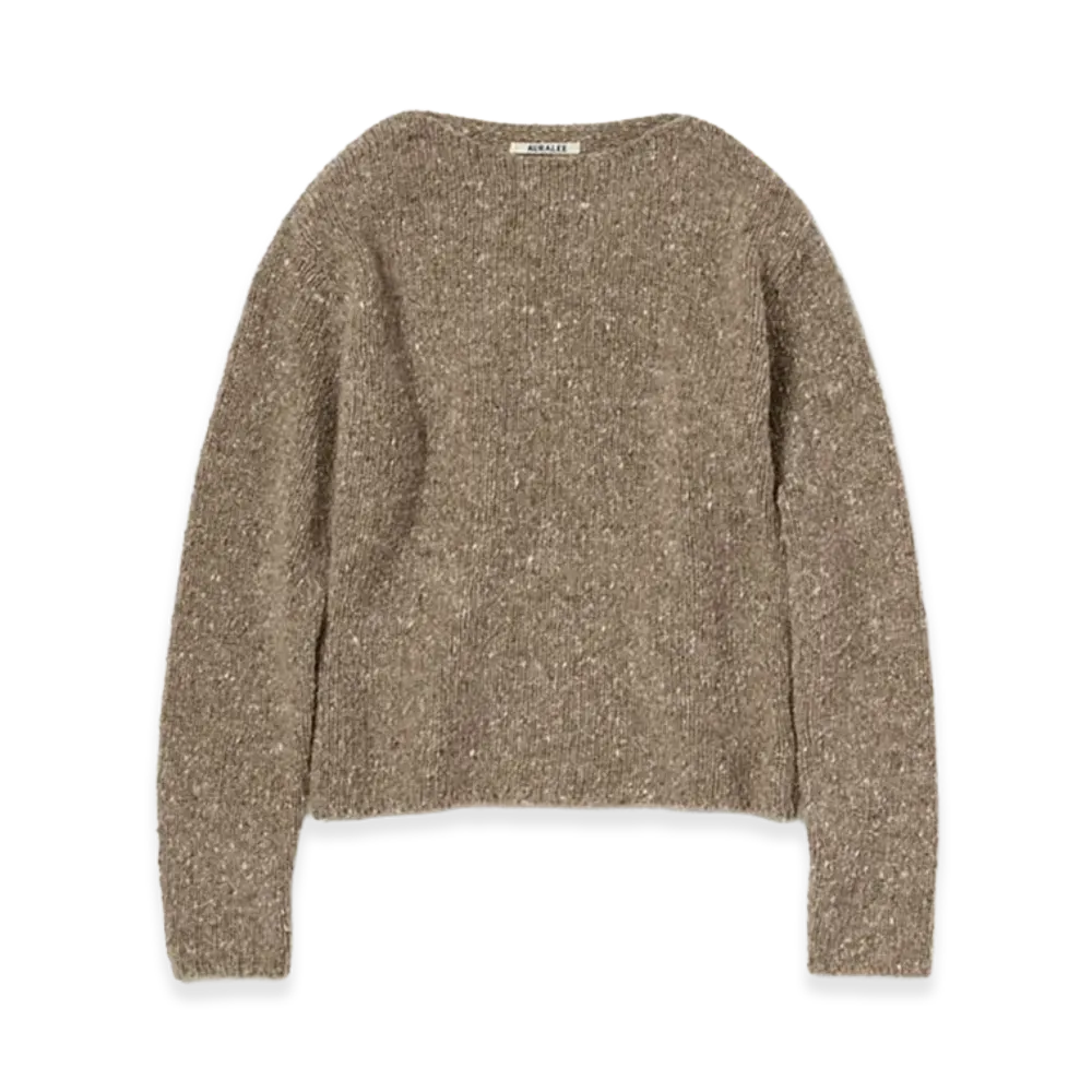 AURALEE Women's Low-Gauge Homespun Tweed Knit Boat-Neck P/O "Top Brown"