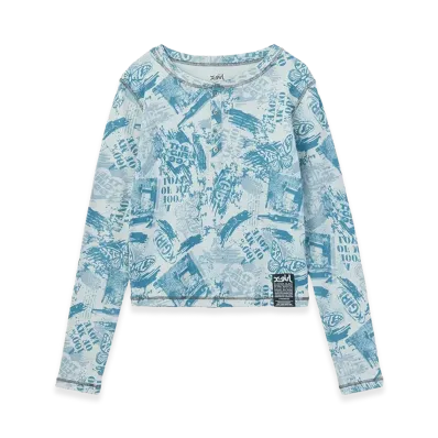 X-Girl Women's Brushed Collage Graphic Henley Neck L/S Compact Top "Blue"