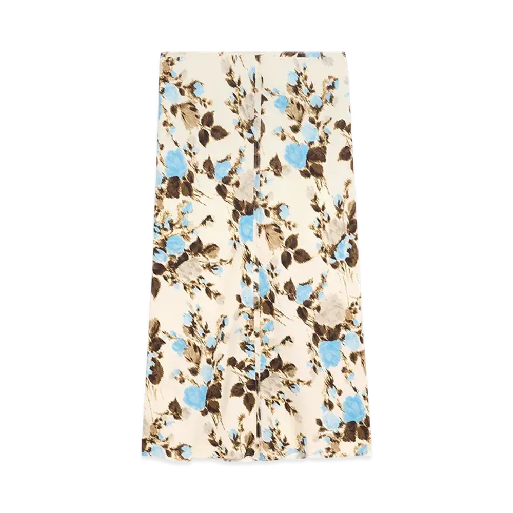 AMI PARIS Floral Print Raw Edge Detail Midi Skirt "Sky/Ivory"