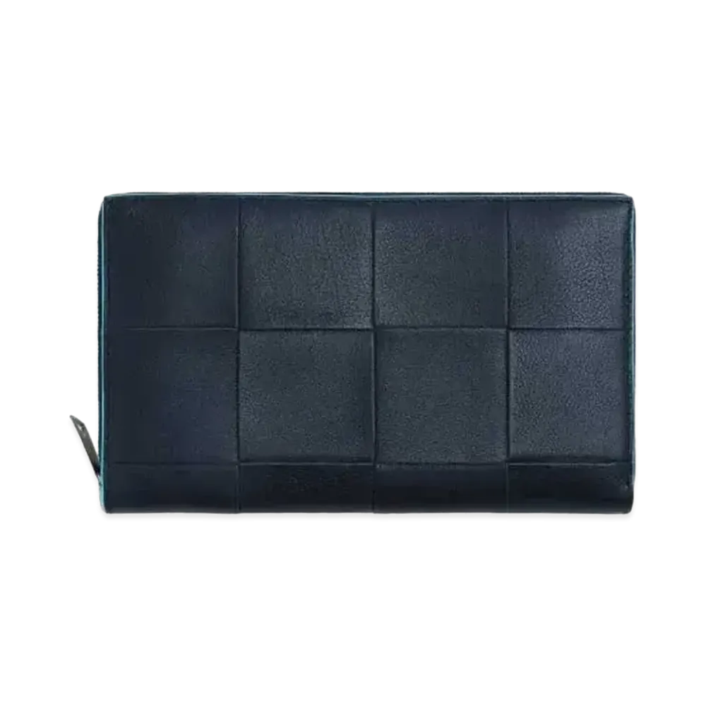 Bottega Veneta Casette Maxi Intrecciato Calfskin Bi-fold Zip Around Wallet "Space/Pool"