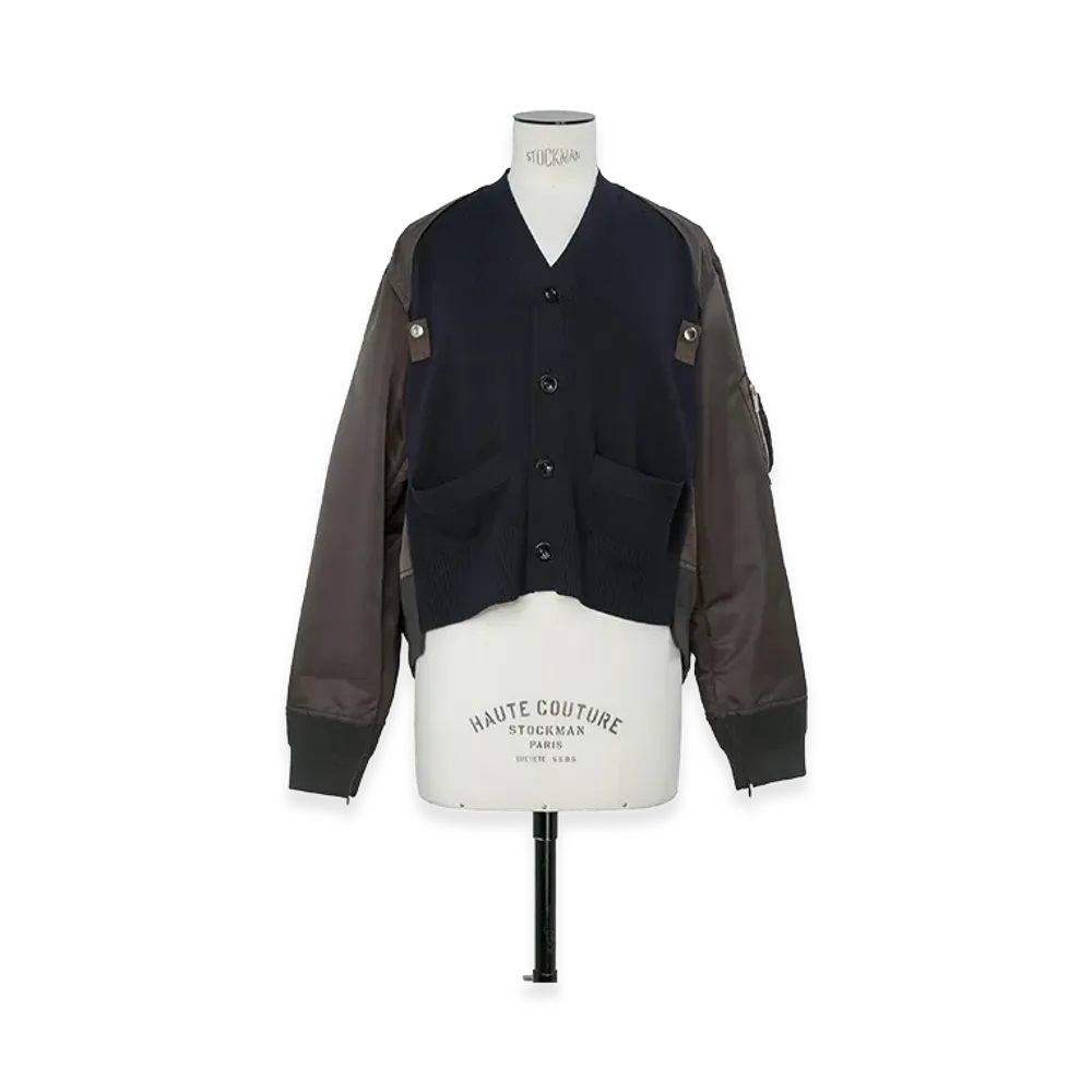 sacai Women's Nylon Twill x Cotton Knit Cardigan "Navy/Dark Khaki"