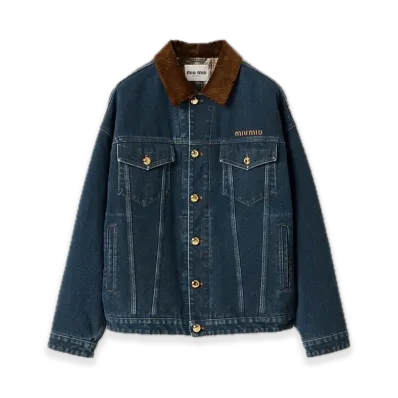 MIU MIU Flocked Denim/Velvet Blouson Jacket "Navy"
