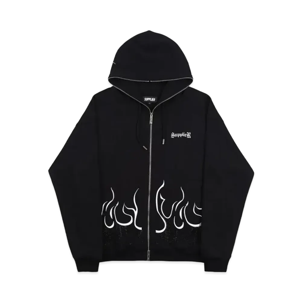 SUPPLIER Fire Pattern Rhinestone Zip Hoodie "Black"