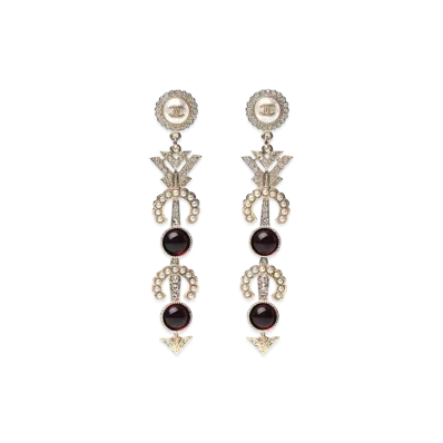 CHANEL Pearl Crystal Queen of France CC Drop Earrings "Gold"