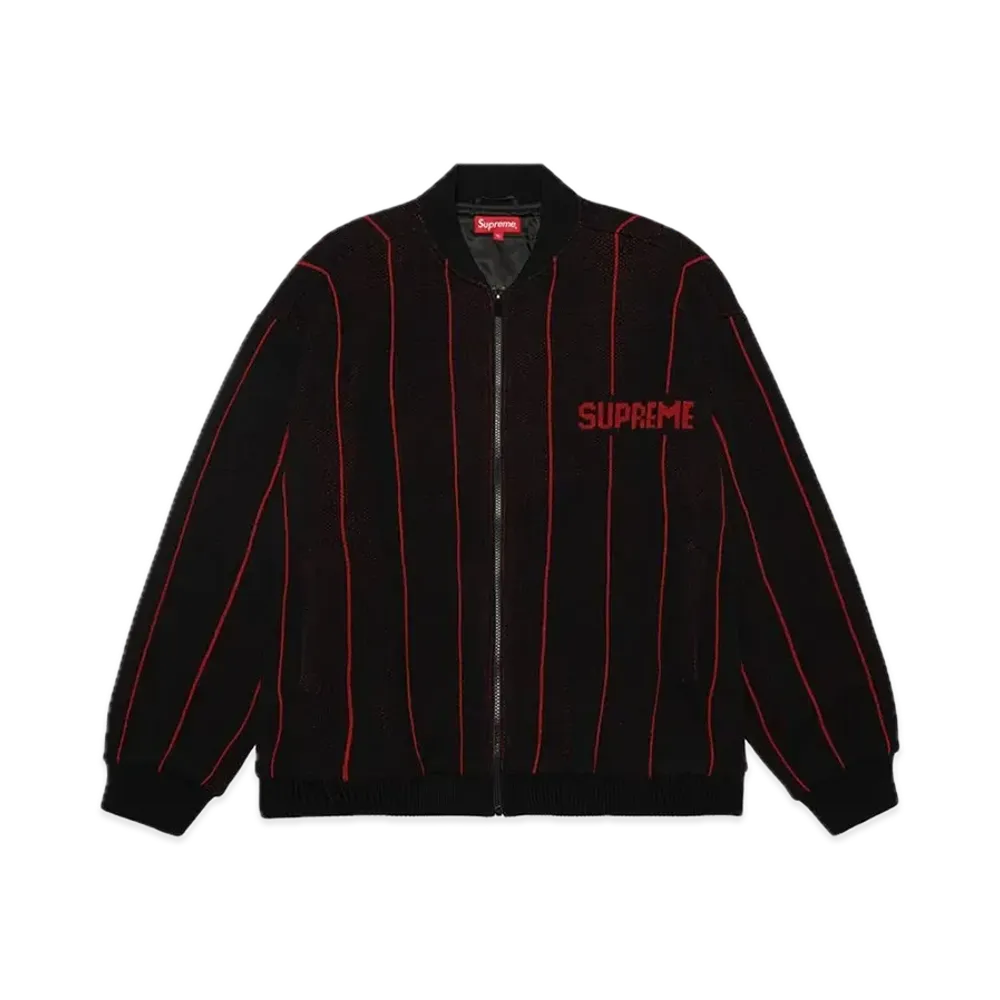 Supreme Pinstripe Varsity Zip Up Sweater "Black"