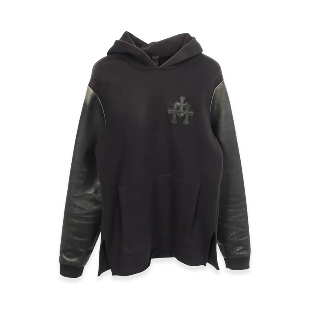Chrome Hearts Cemetery Cross Patch Leather Sleeve Hoodie "Black"