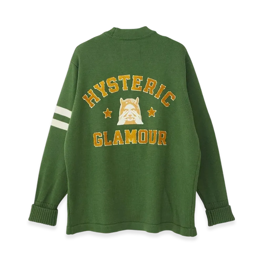 HYSTERIC GLAMOUR See No Evil Embroidered Lettered Cardigan "Green"