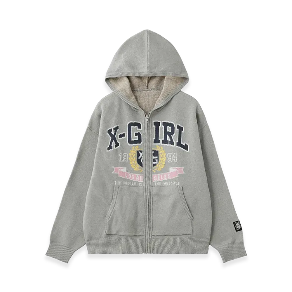 X-Girl Women's College Logo Jacquard Zip Up Knit Hoodie "Ltight Grey"