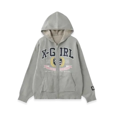 X-Girl Women's College Logo Jacquard Zip Up Knit Hoodie "Ltight Grey"