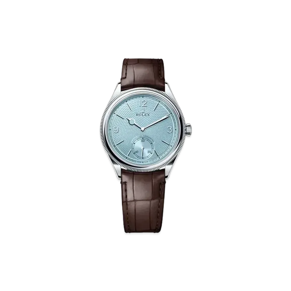 ROLEX 1908 39mm Polished Finish Perpetual Alligator Leather Strap "Platinum/Ice Blue/Matte Brown" 52506