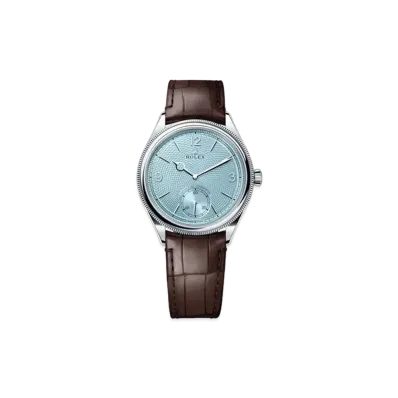 ROLEX 1908 39mm Polished Finish Perpetual Alligator Leather Strap "Platinum/Ice Blue/Matte Brown" 52506