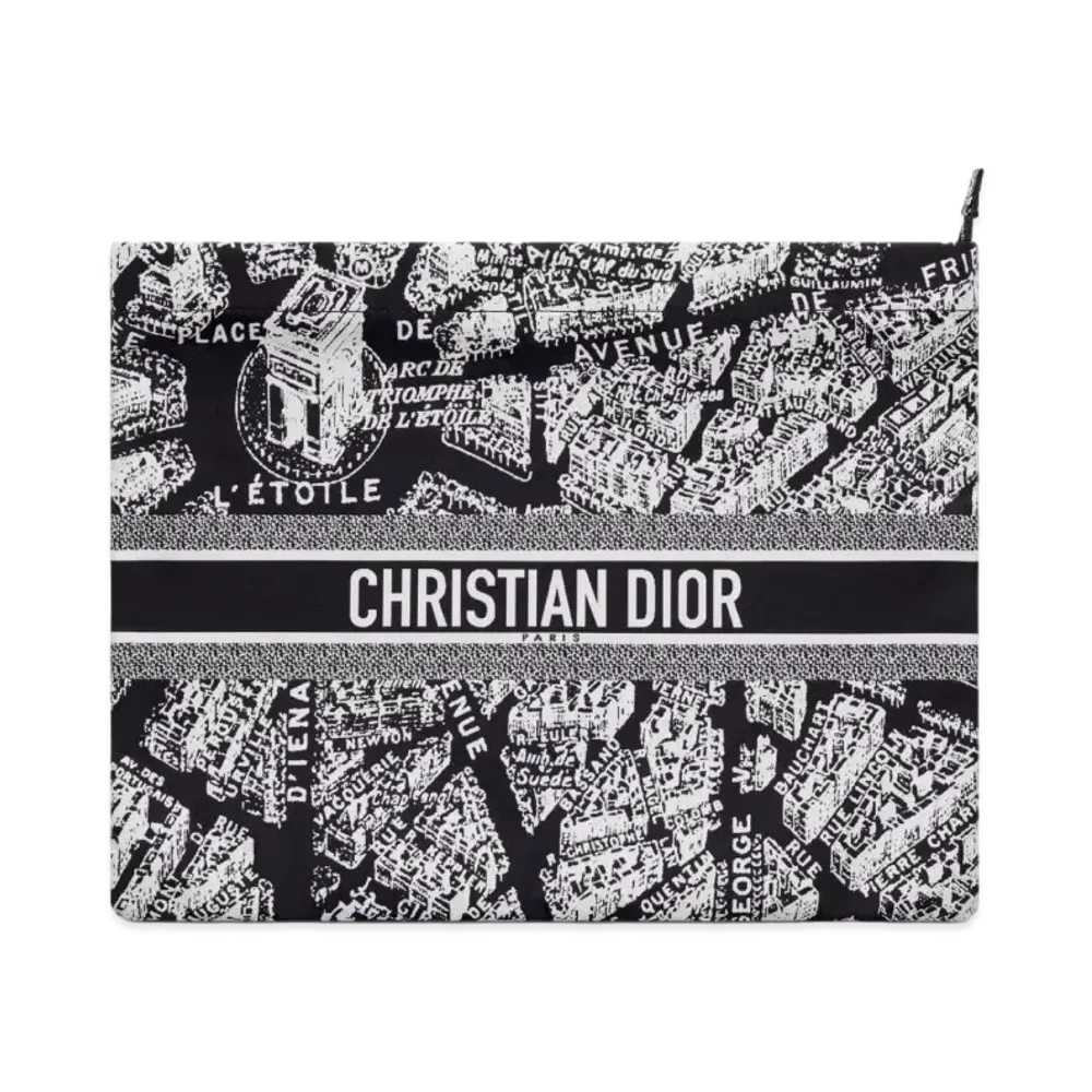 Dior Travel Zipper Pouch Technical Fabric Plan De Paris Motif "Black/White"