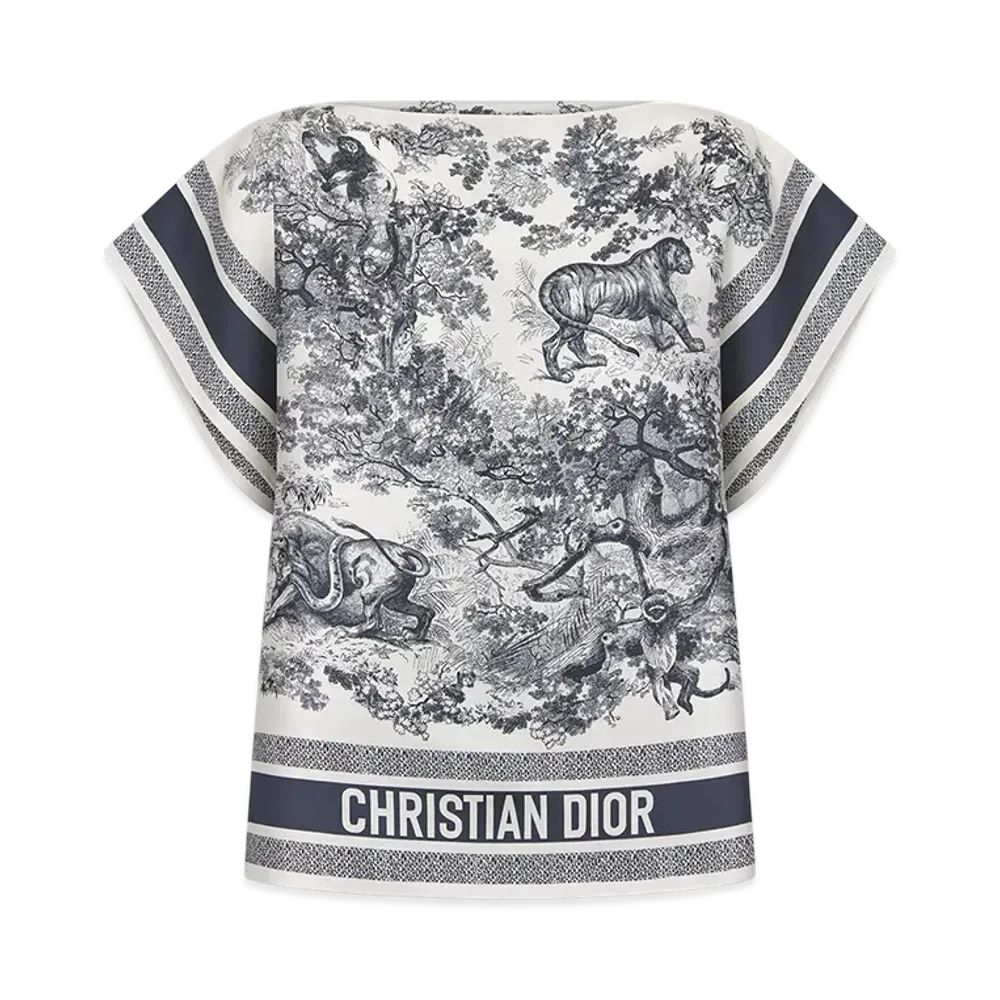 Dior Women's Dioriviera Toile de Jouy Sauvage Dior Silk Top Silk Twill "White/Navy Blue"