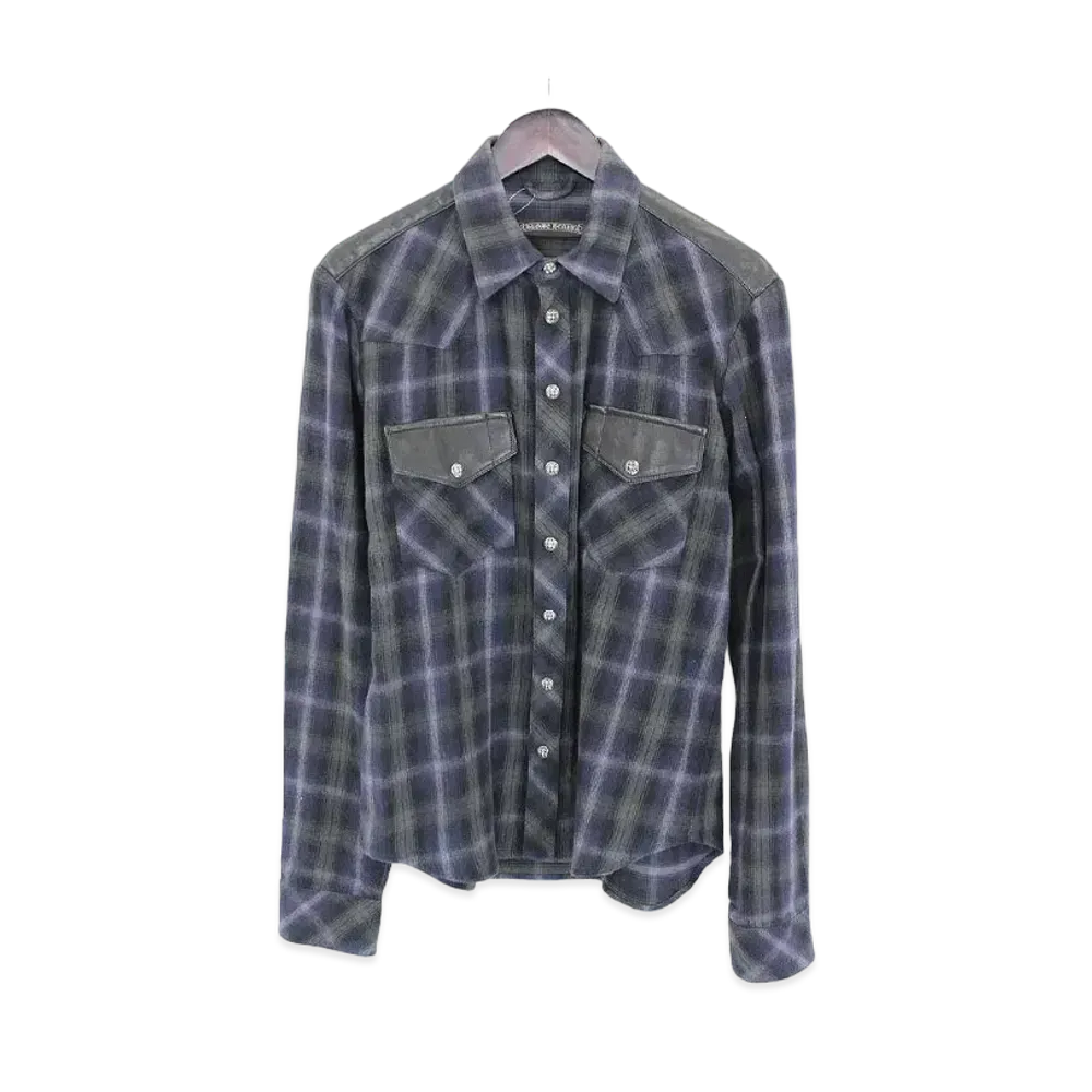 Chrome Hearts Check Pattern Leather Switch Wool Western L/S Shirt "Purple/Black"