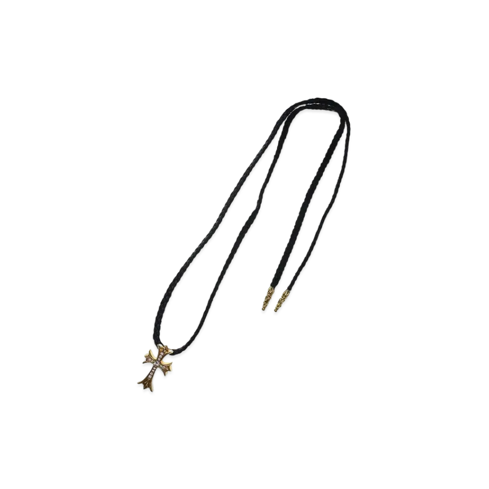 Chrome Hearts 22K Small CH Cross W Tiny Scroll Leather Blade Necklace "Yellow Gold/Black"