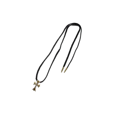 Chrome Hearts 22K Small CH Cross W Tiny Scroll Leather Blade Necklace "Yellow Gold/Black"