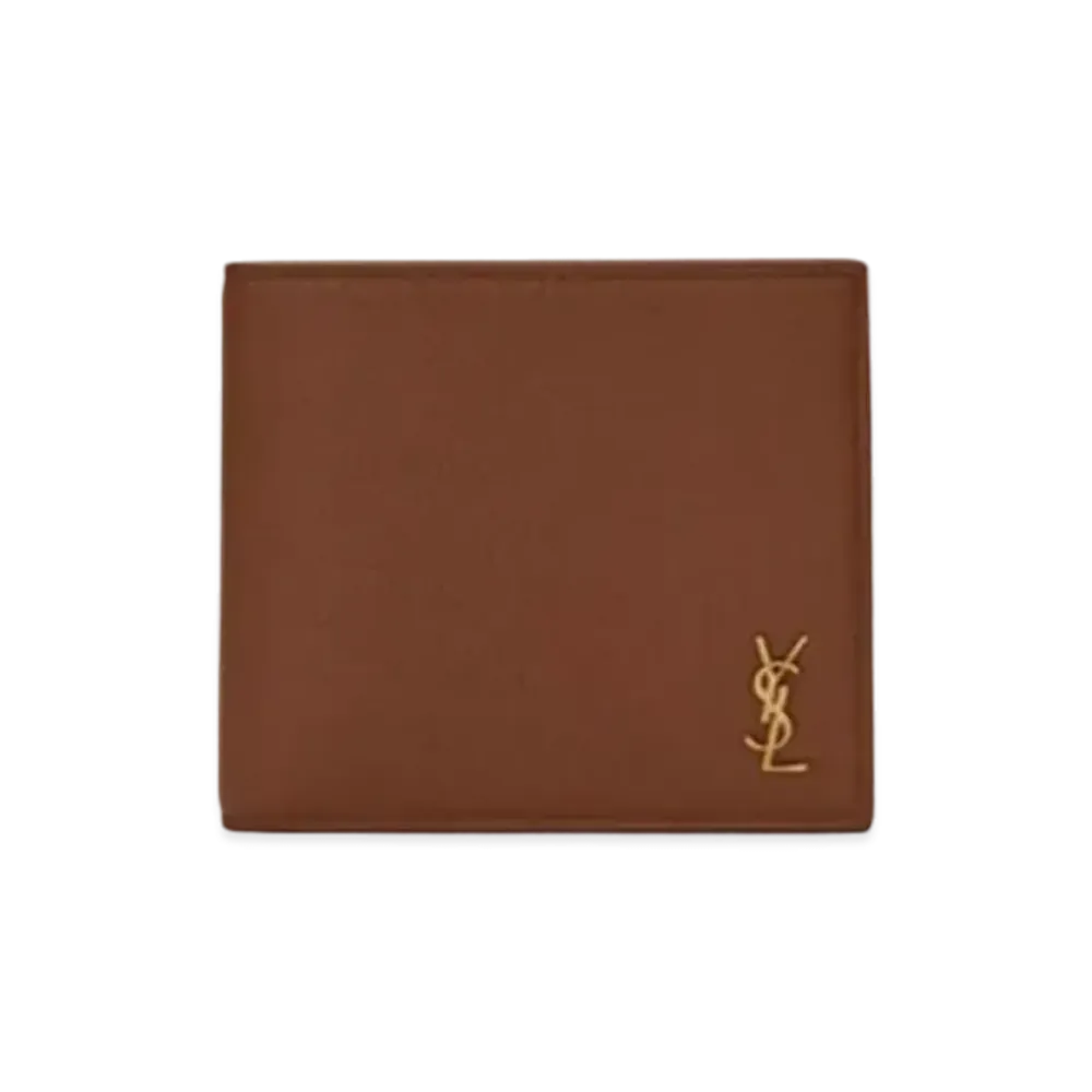SAINT LAURENT Tiny Monogram East/West Wallet With Coin Purse In Grained Leather "Toast Brown"