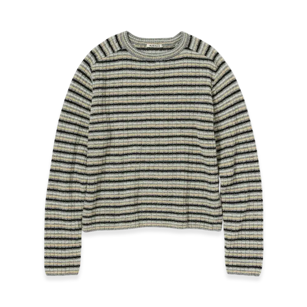 AURALEE Shetland Wool Cashmere Rib Knit P/O "Gray Stripe"
