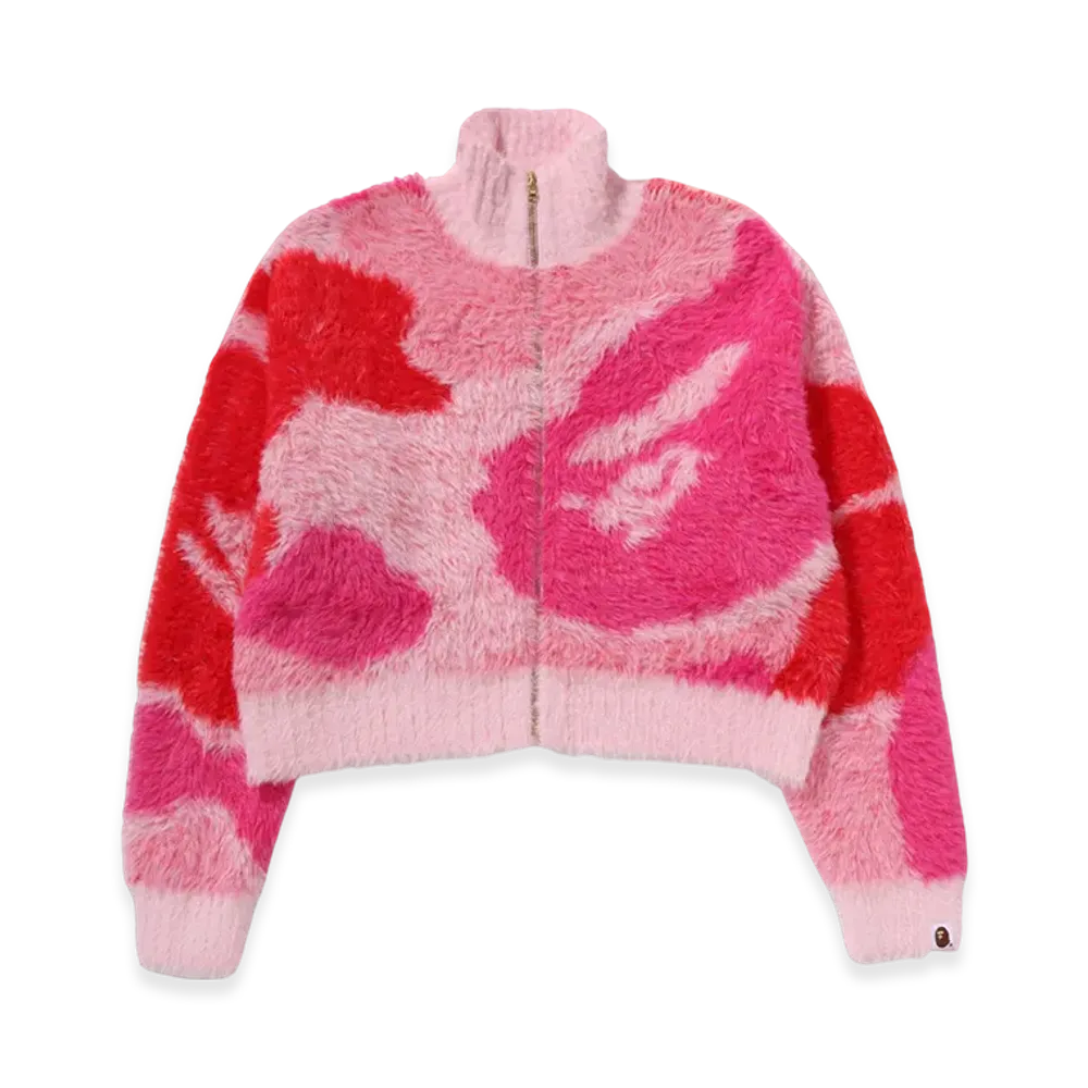 A BATHING APE Ladies Mega Abc Camo Long Fur Mockneck Cropped Zip Cardigan "Pink"