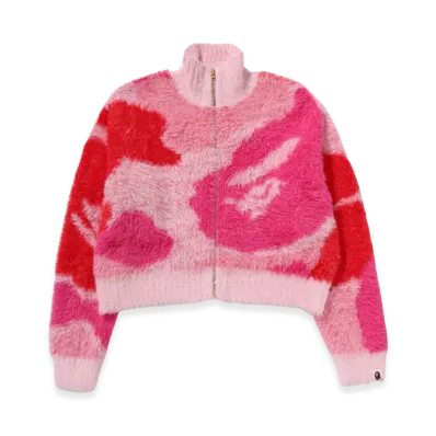 A BATHING APE Ladies Mega Abc Camo Long Fur Mockneck Cropped Zip Cardigan "Pink"