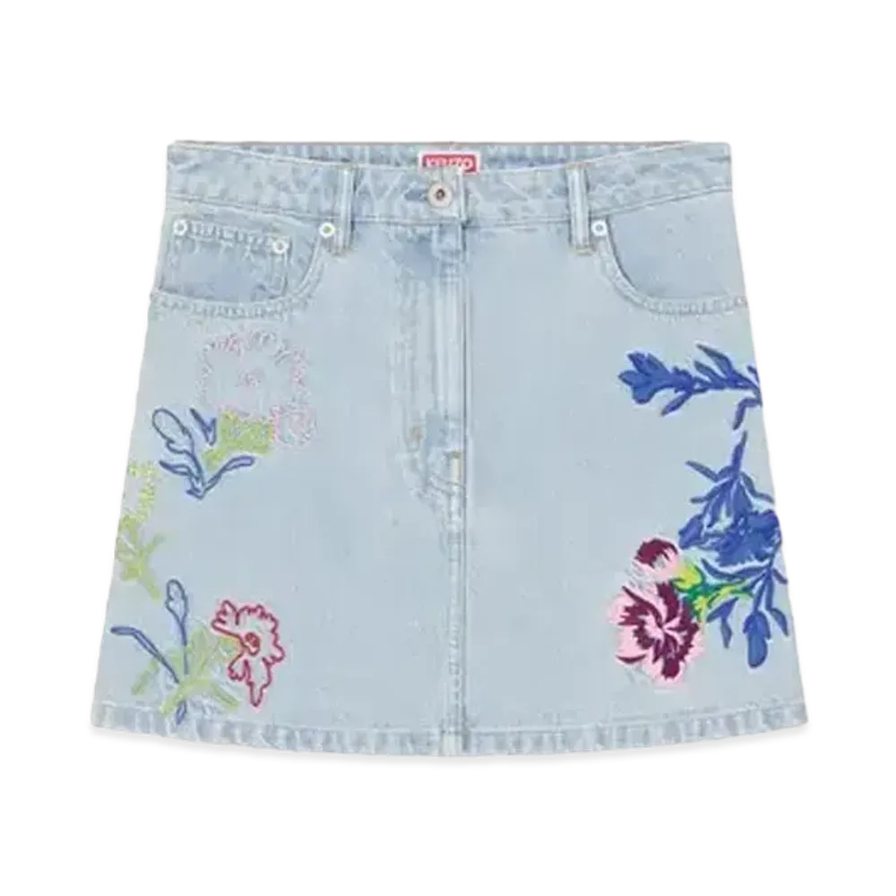 KENZO 'DRAWN FLOWERS' Embroidery Mini Skirt "Stone Bleached Blue Denim"