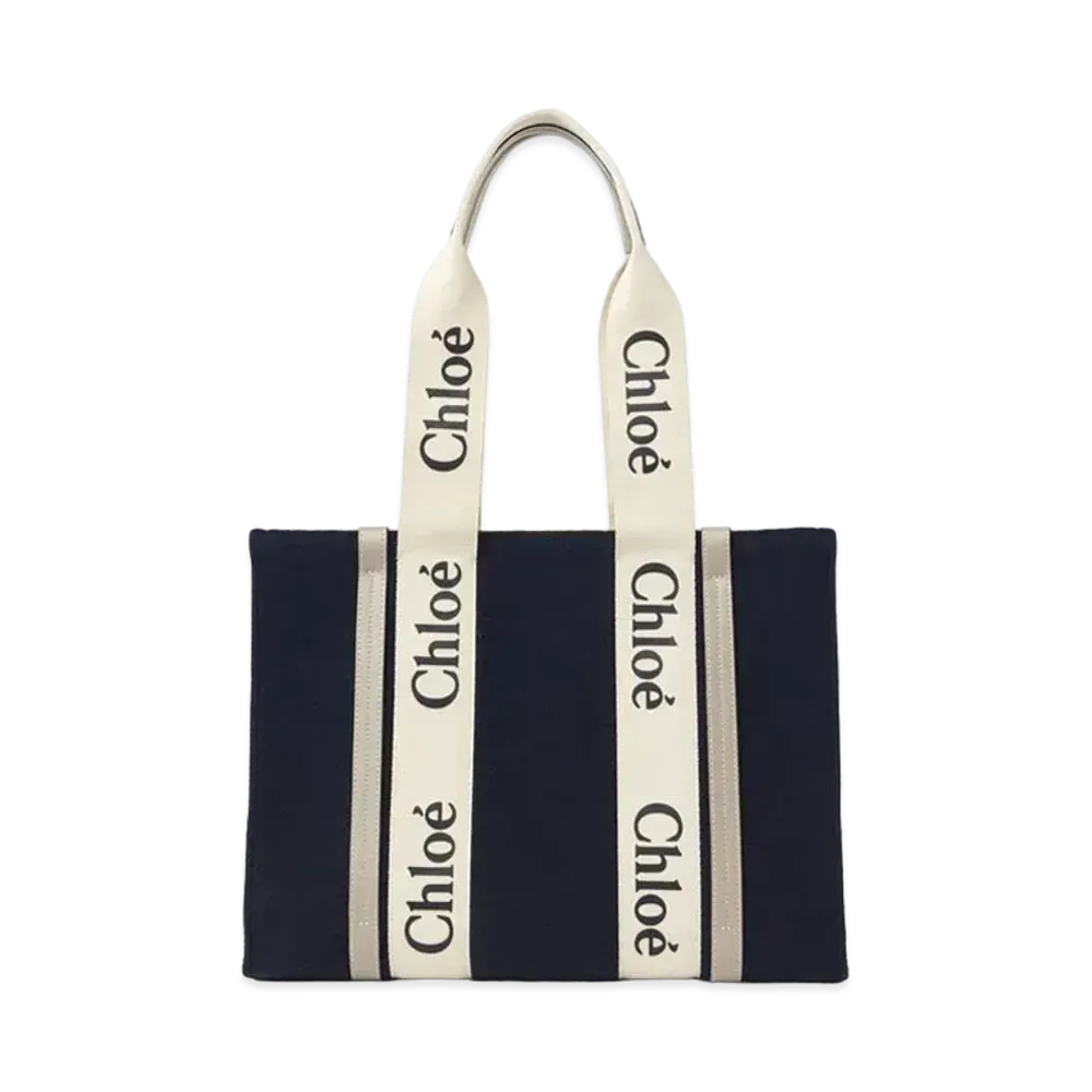 Chloe Medium Woody Tote Bag In a Deadstock Wool Cashmere Fabric & Shiny Calfskin With Woody Ribbon "Blue"