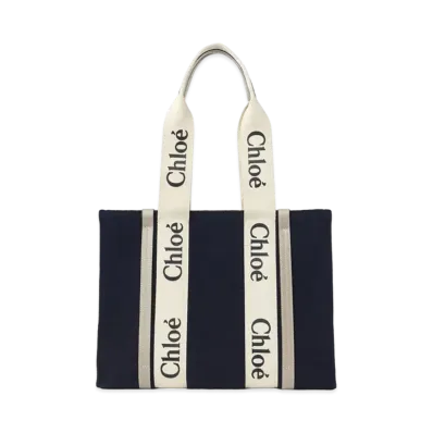Chloe Medium Woody Tote Bag In a Deadstock Wool Cashmere Fabric & Shiny Calfskin With Woody Ribbon "Blue"