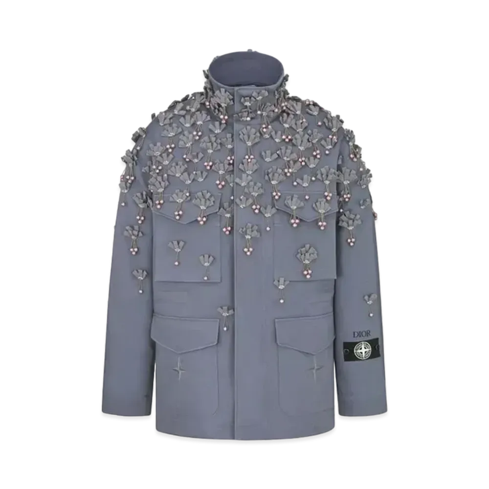 Dior x Stone Island Cotton and Silk Field Jacket All-Over Flowers Embroideries "Blue"