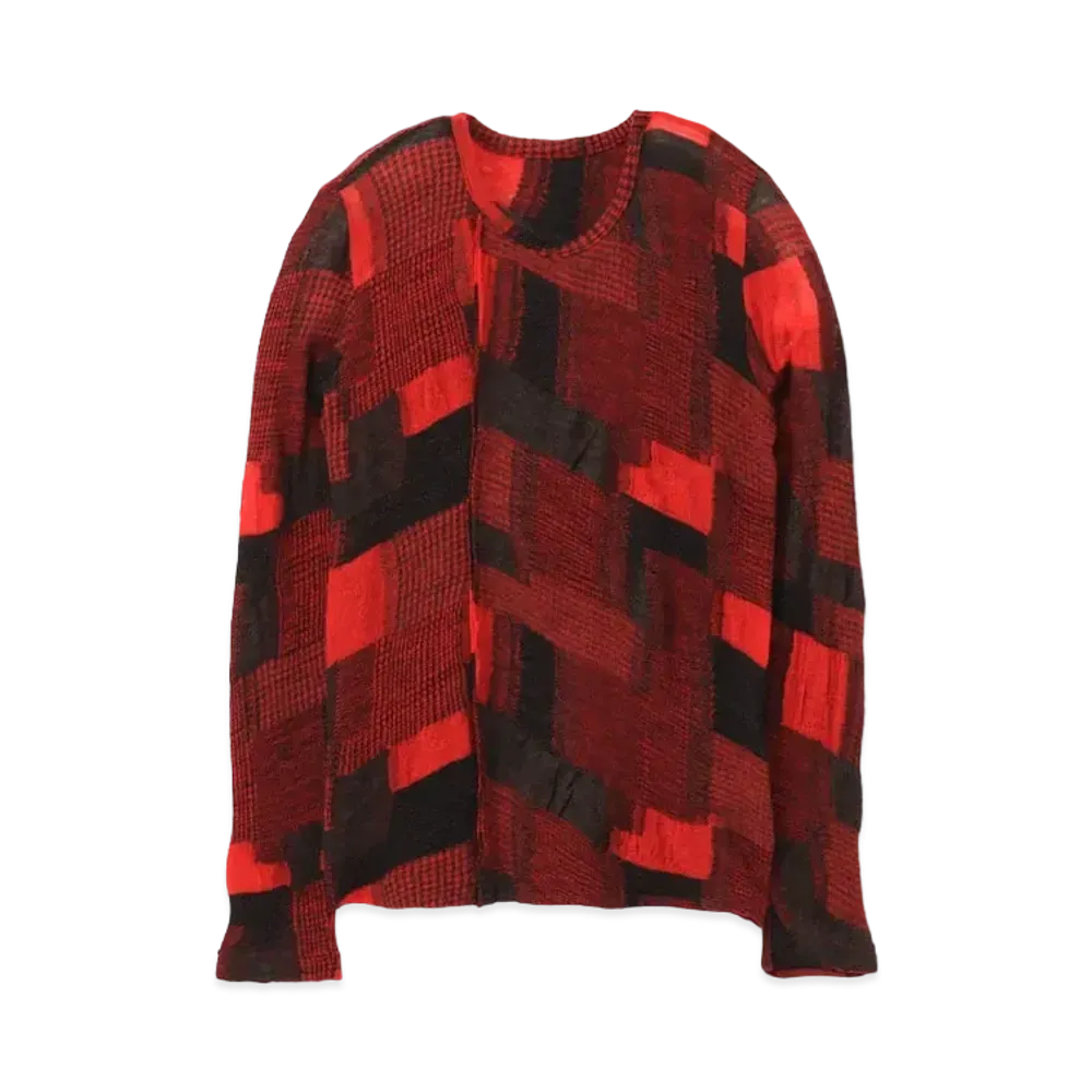 Yohji Yamamoto Y's PATCHWORK CUT JACQUARD FRONT PATCH ROUND NECK T "Red"