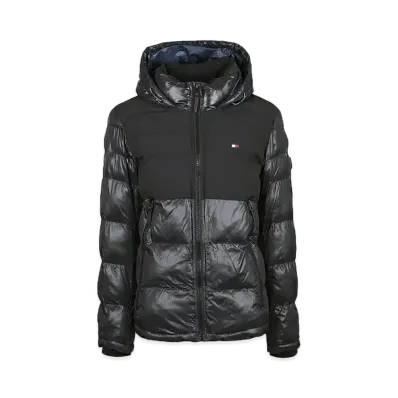 TOMMY HILFIGER Switching Puff Hoodie Jacket American Casual Street Filled Jacket Lightweight "Black"