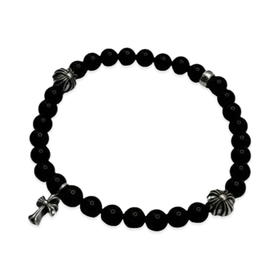 Chrome Hearts CH Cross Black Stone SV925 Bead Bracelet "Black/Silver"