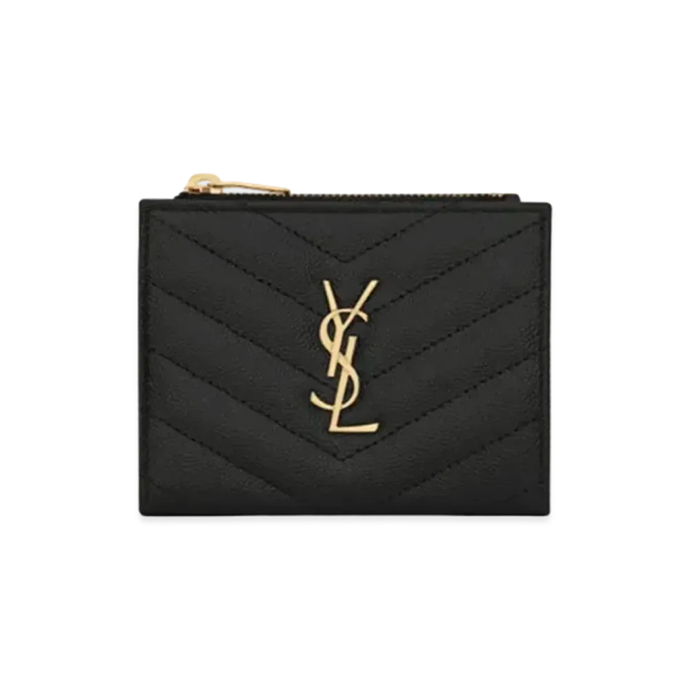 Saint Laurent Monogram Zipped Card Case In Grain De Poudre Embossed Leather "Black"