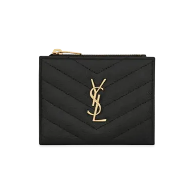 Saint Laurent Monogram Zipped Card Case In Grain De Poudre Embossed Leather "Black"