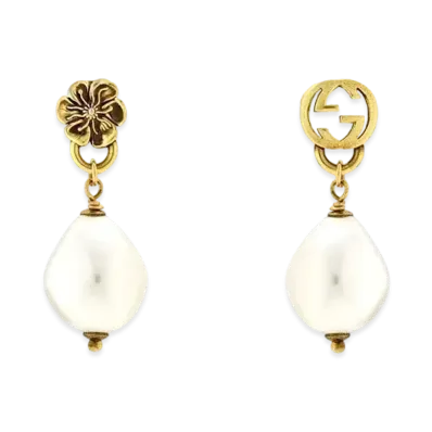 GUCCI Interlocking G Flower Pearl Earrings