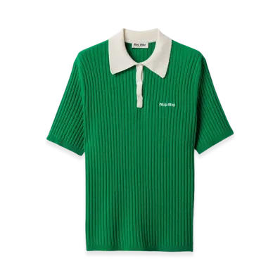 MIU MIU Women's Ribbed Cashmere Polo Shirt "Lawn Green/Natural"