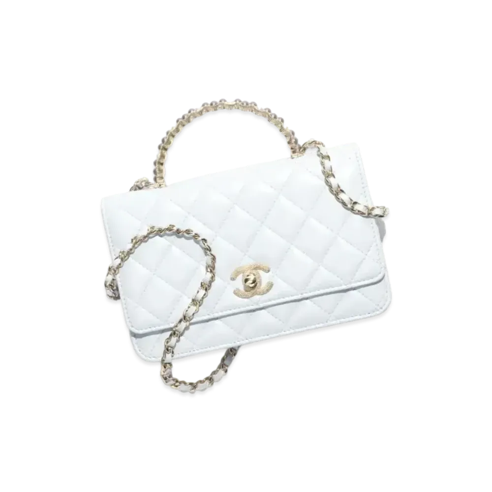 CHANEL Wallet on Chain Shiny Crumpled Lambskin Imitation Pearls "Gray"