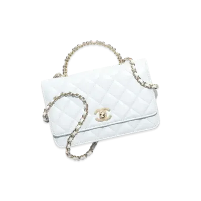 CHANEL Wallet on Chain Shiny Crumpled Lambskin Imitation Pearls "Gray"