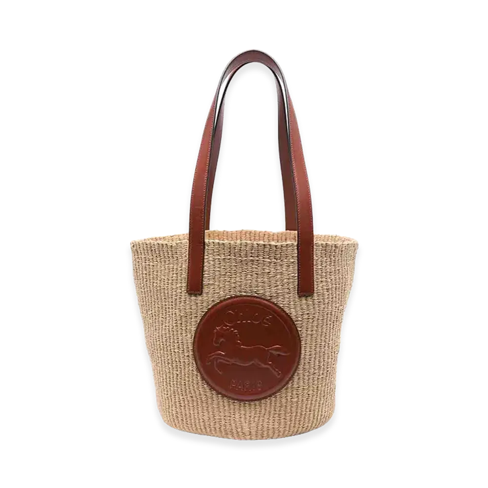 Chloe Women's Raffia Large Horse Medal Bucket Bag "Beige"