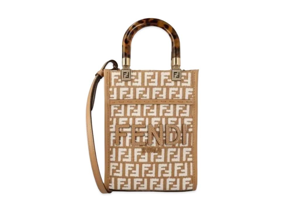 FENDI Sunshine Shopper Raffia Mini Bag Tapes League Fabric FF Motif "Black"