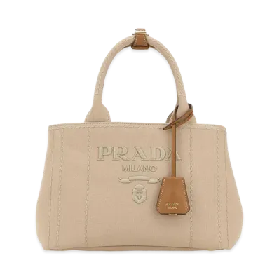 PRADA Wonen's Canvas Small Jardinière Handbag "Beige/Tan"