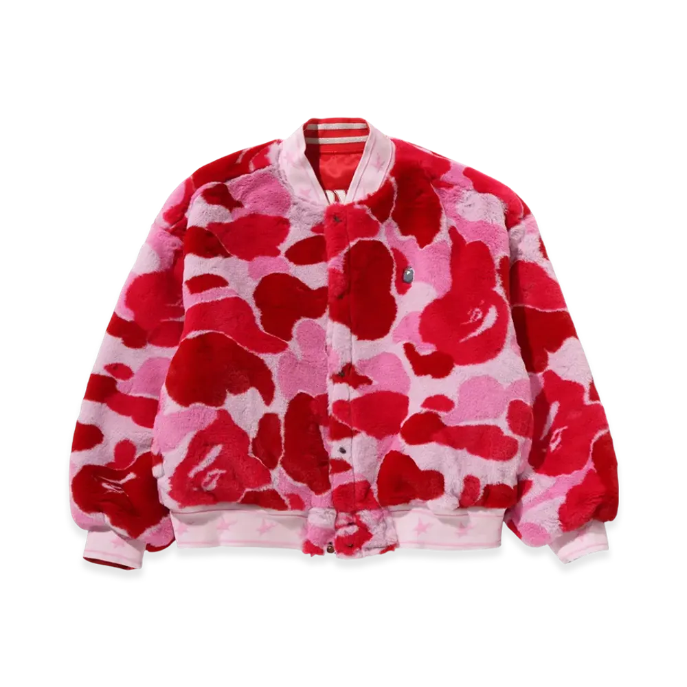 A BATHING APE Ladies Multi Logo Reversible Varsity Jacket "Red"