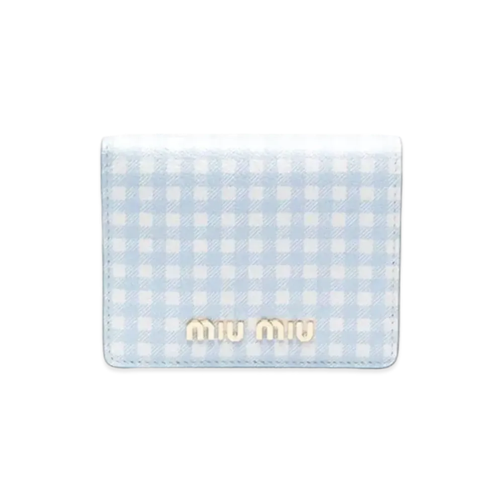 MIU MIU Small Printed Madras Leather Wallet "Sky Blue/White"