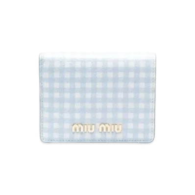 MIU MIU Small Printed Madras Leather Wallet "Sky Blue/White"