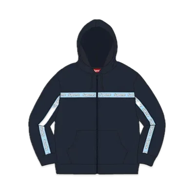 Supreme Text Stripe Zip Up Hooded Sweatshirt "Navy"