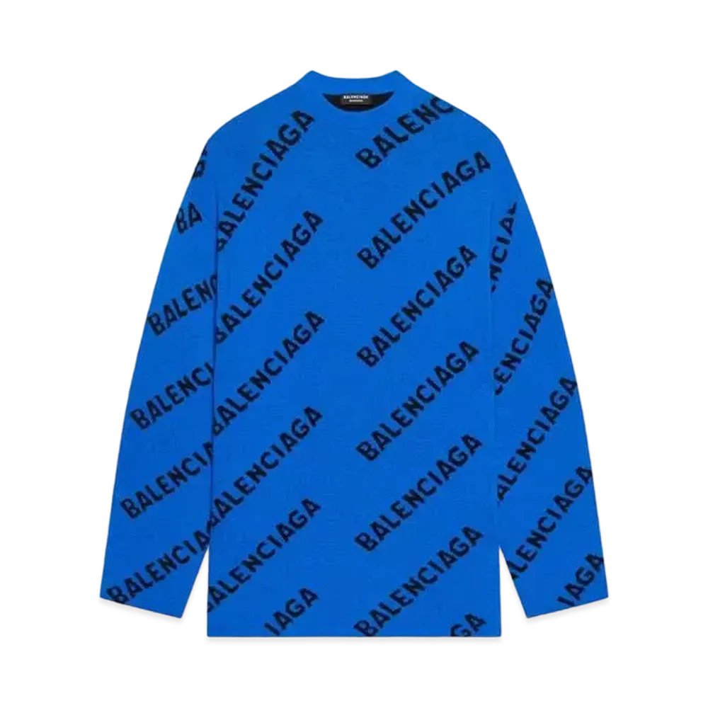 BALENCIAGA MENS Allover Logo Crewneck Knit "Blue"